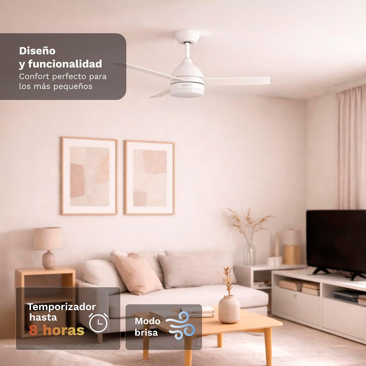 Detalle de Grunkel Ventilador de Techo con Luz LED y aspas reversibles (Blanco/Madera) - 6 velocidades, mando y temporizador