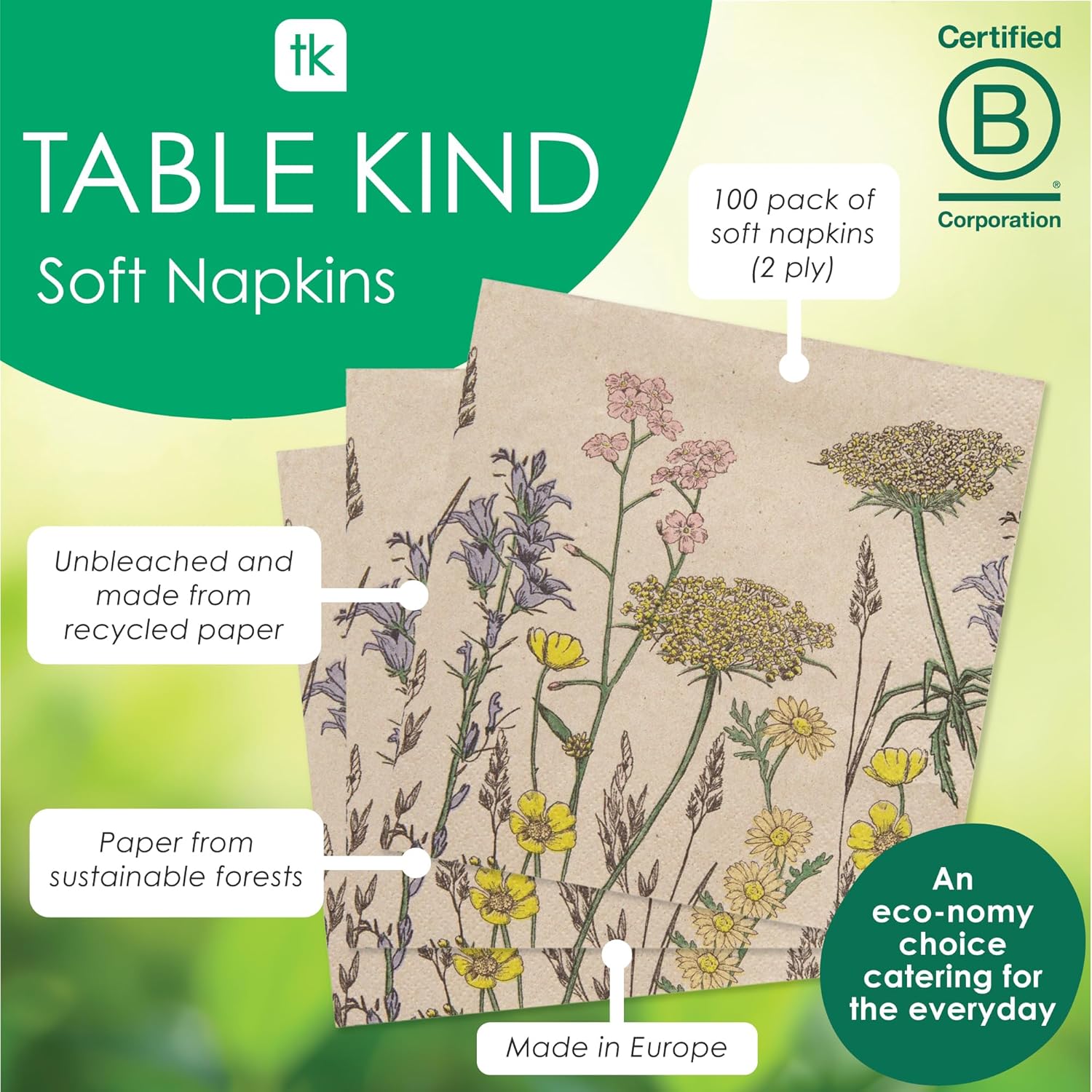 Detalle de Table Kind 100 x Soft Recycled Paper Napkins (2-ply, 33cm) – Spring Wildflower Floral Kraft, FSC & home compostable
