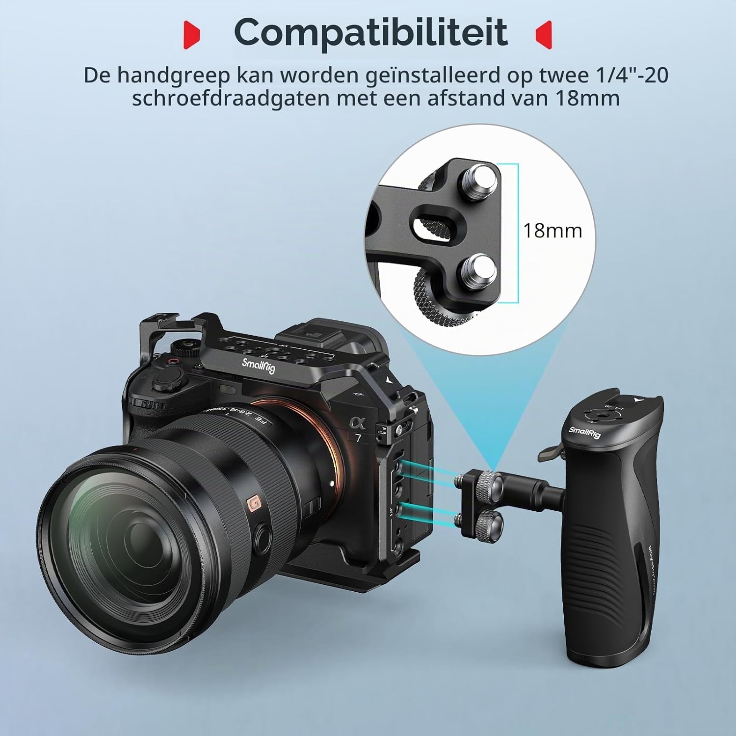 Detalle de SMALLRIG 5194 draaibare zijhandgreep voor camera’s met 360°-rotatie