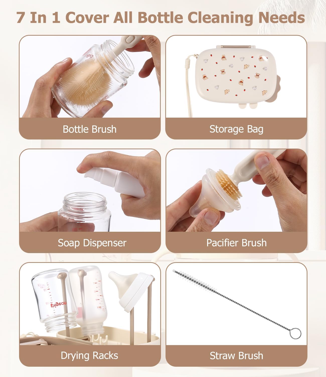 Detalle de Yoxovo 7-in-1 babyflesborstelset met siliconenborstel, speenborstel en droogrek