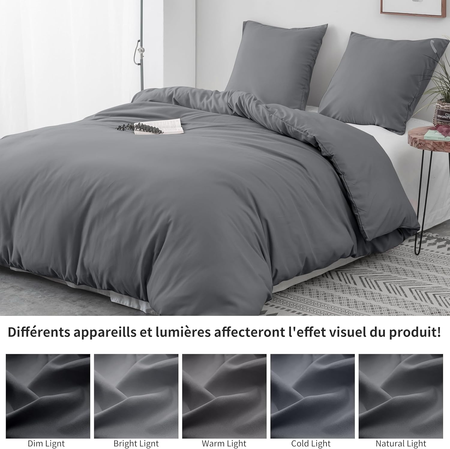 Detalle 2 de Parure de lit AYSW 16 couleurs : housse de couette 140x200 cm + taie 65x65 cm en microfibre grise