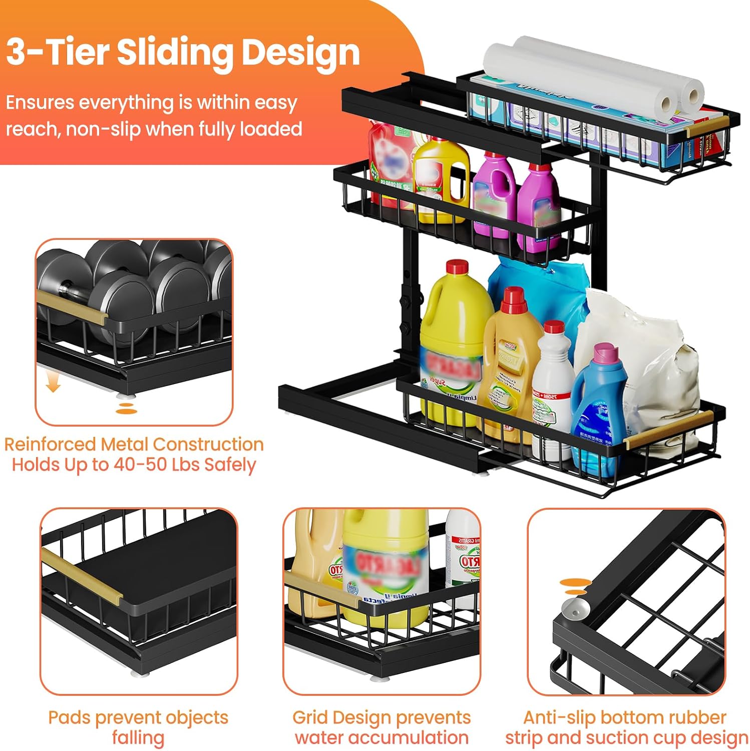 Detalle de Aekenr 3-Tier Under Sink Organizer & Pull-Out Storage (2-Pack) for Kitchen & Bathroom Cabinets