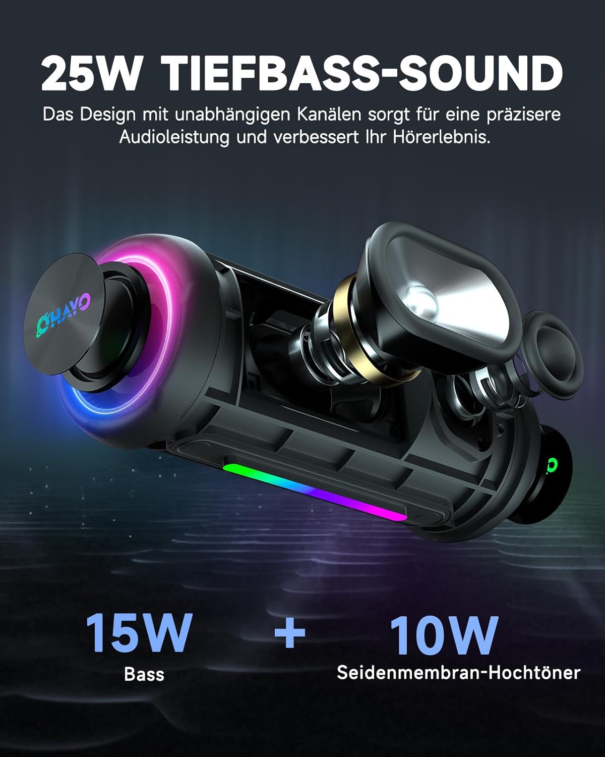 Detalle de OHAYO HiFi Bluetooth Lautsprecher mit LED Licht – 35W, IPX7, 24 Stunden Laufzeit