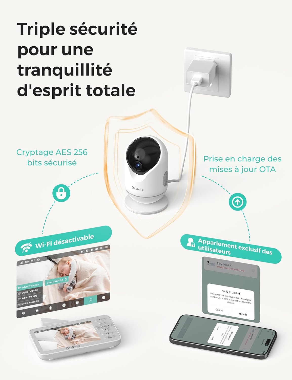 Thumbnail 4 de Dr.Care Babyphone avec application téléphone, WiFi, écran 4“ et 2 caméras (1080P/écran divisé 720P)