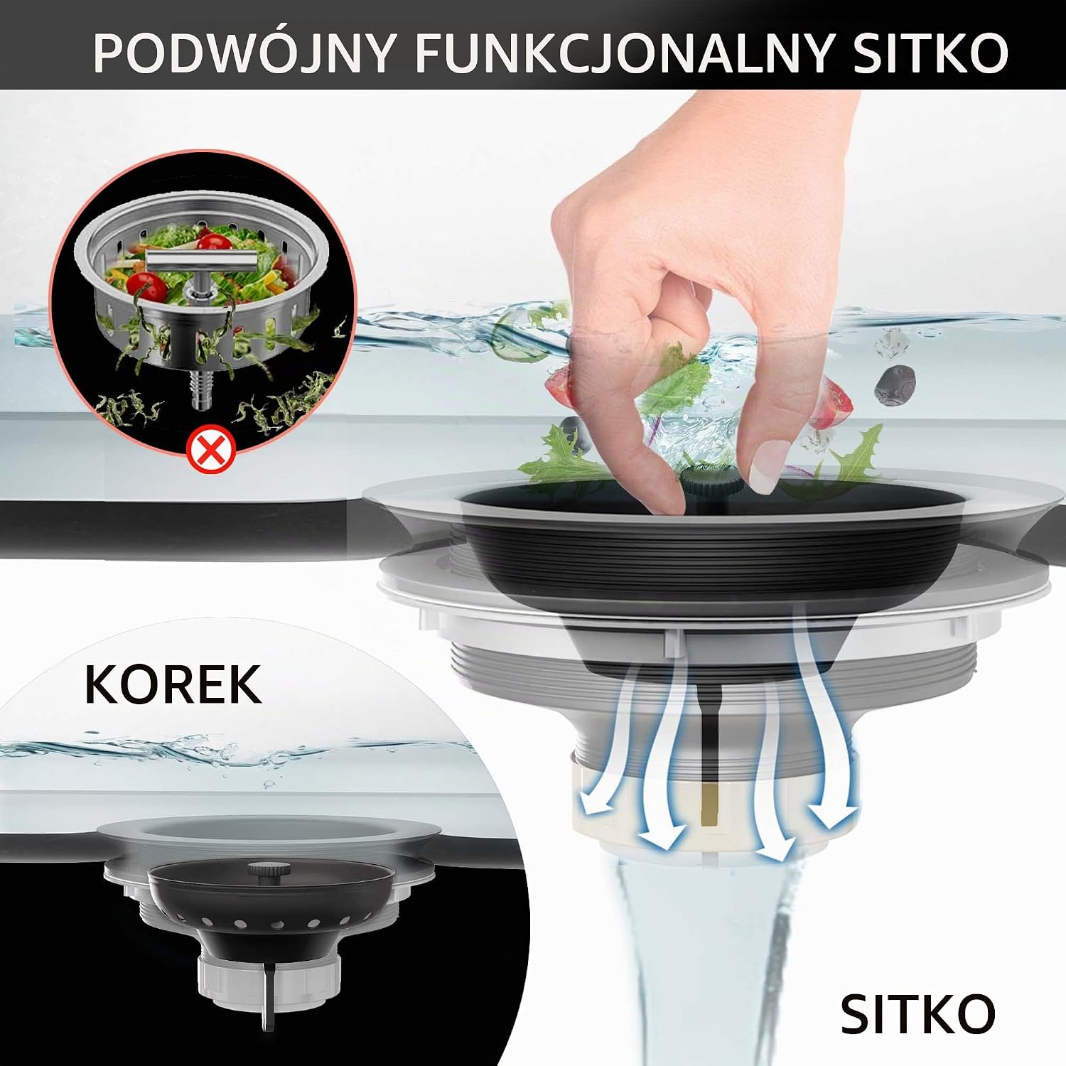 Detalle de EXAKEY odpływ do zlewu kuchennego, stal 304, matowa czerń i wyjmowany koszyk