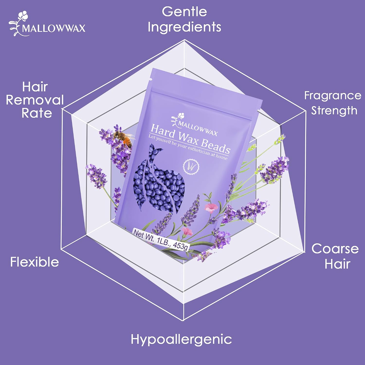 Detalle 2 de Mallowwax Hard Wax Beads, Lavender Stripless Wax for Coarse Hair, 16 Ounce