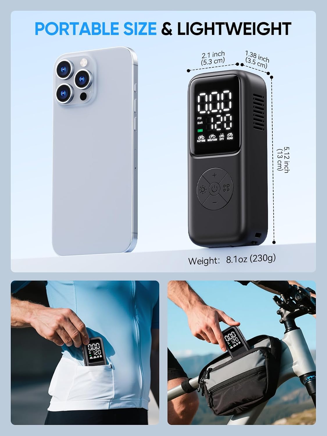 Thumbnail 1 de GPUTEK mini-elektrische fietspomp tot 120 PSI met digitale manometer en 5 modi