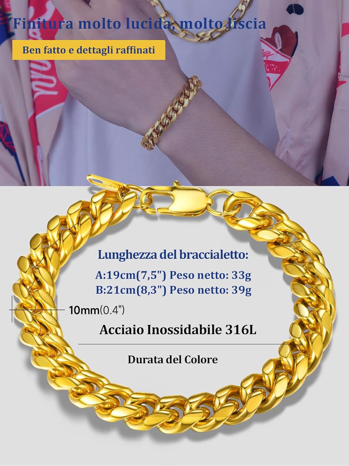 Thumbnail 4 de PROSTEEL Bracciale da Uomo in Acciaio Inossidabile e Placcatura Oro – Catena a Maglie 4,8–14 mm, lunghezze 16–21 cm