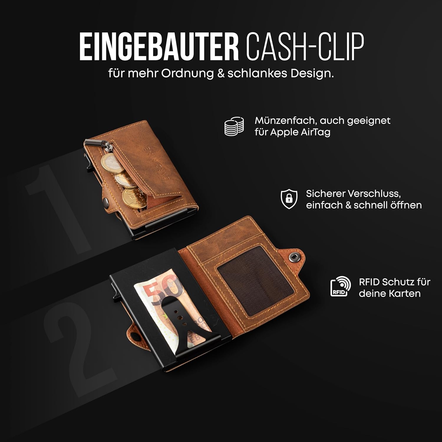 Thumbnail 2 de CARD Nine! Clip Wallet mit RFID-Schutz – Slim Wallet mit Geldklammer (Hellbraun, Münzfach)