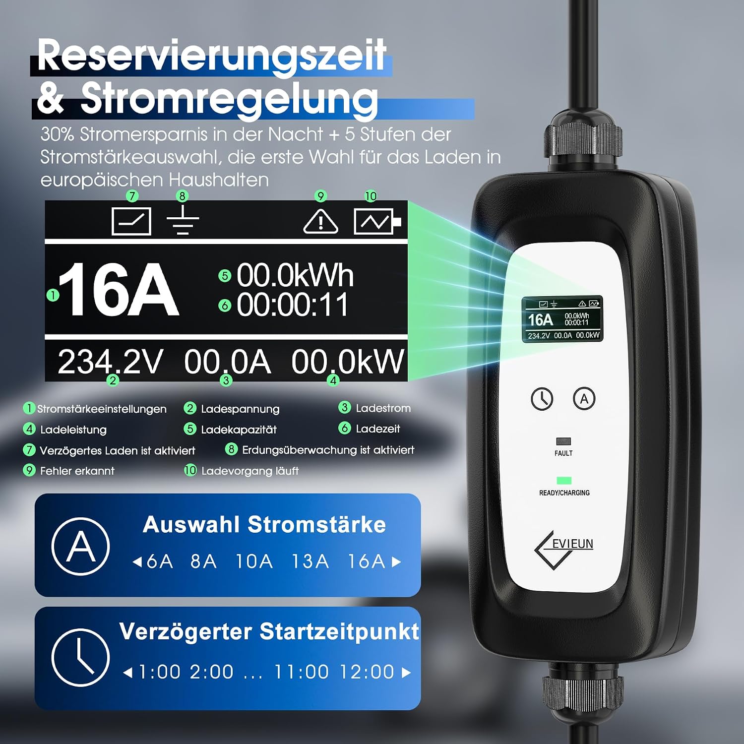 Thumbnail 3 de EVIEUN Typ 2 Schuko Ladekabel 3,6 kW (1-phasig, 7 m) inkl. Zeitvorwahl & Digitaldisplay