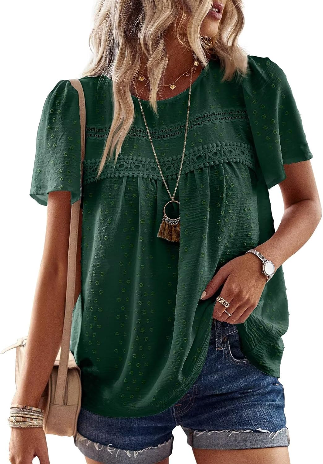 Detalle de Falechay Summer Boho Blouse for Women with Crew Neck and Crochet Lace Edges