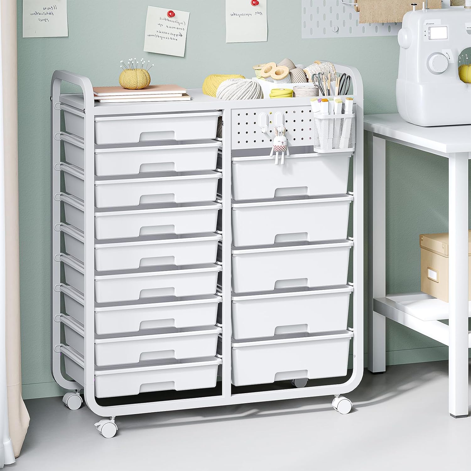 Thumbnail 6 de 14-Drawer Storage Craft Organiser Trolley Cart with DIY Pegboard, Hanging Basket & 4 Hooks (White)