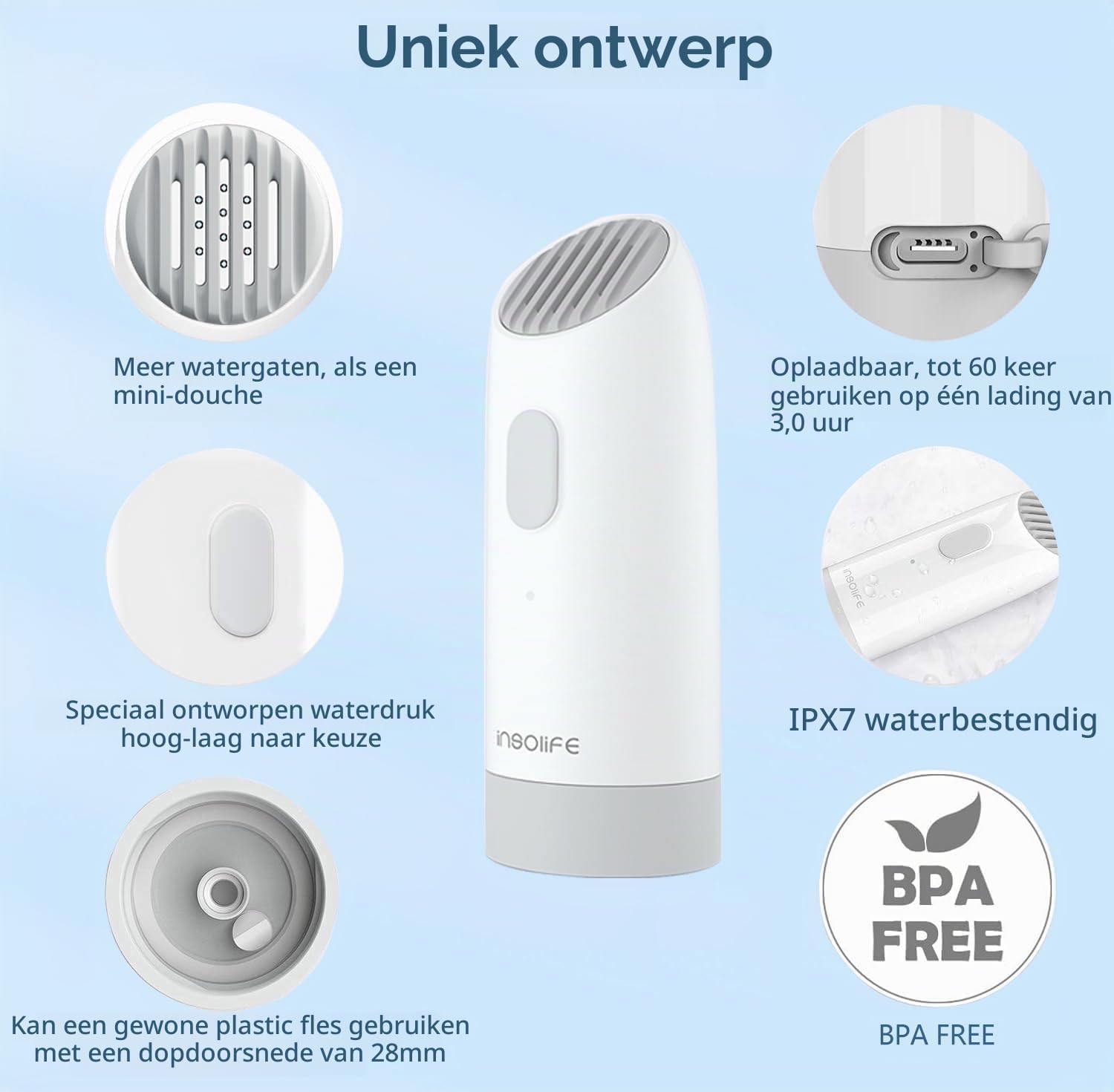 Detalle de Insolife Portable Bidet, oplaadbaar handbidet met 2 waterstanden en 400 ml fles