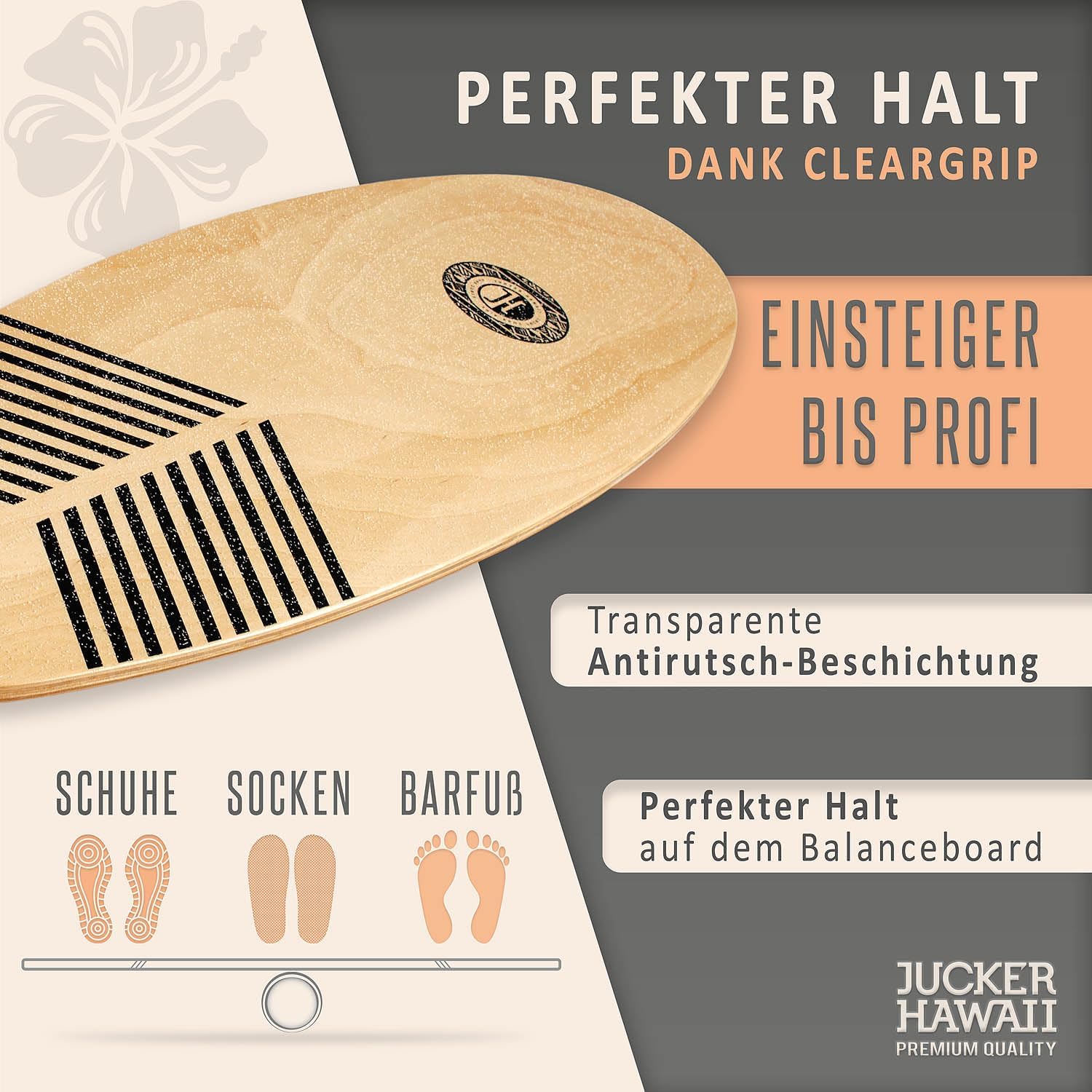 Detalle de JUCKER HAWAII Balance Board WAVE – Trick & Surf Balanceboard (100% Echtholz) mit rutschfester Oberfläche