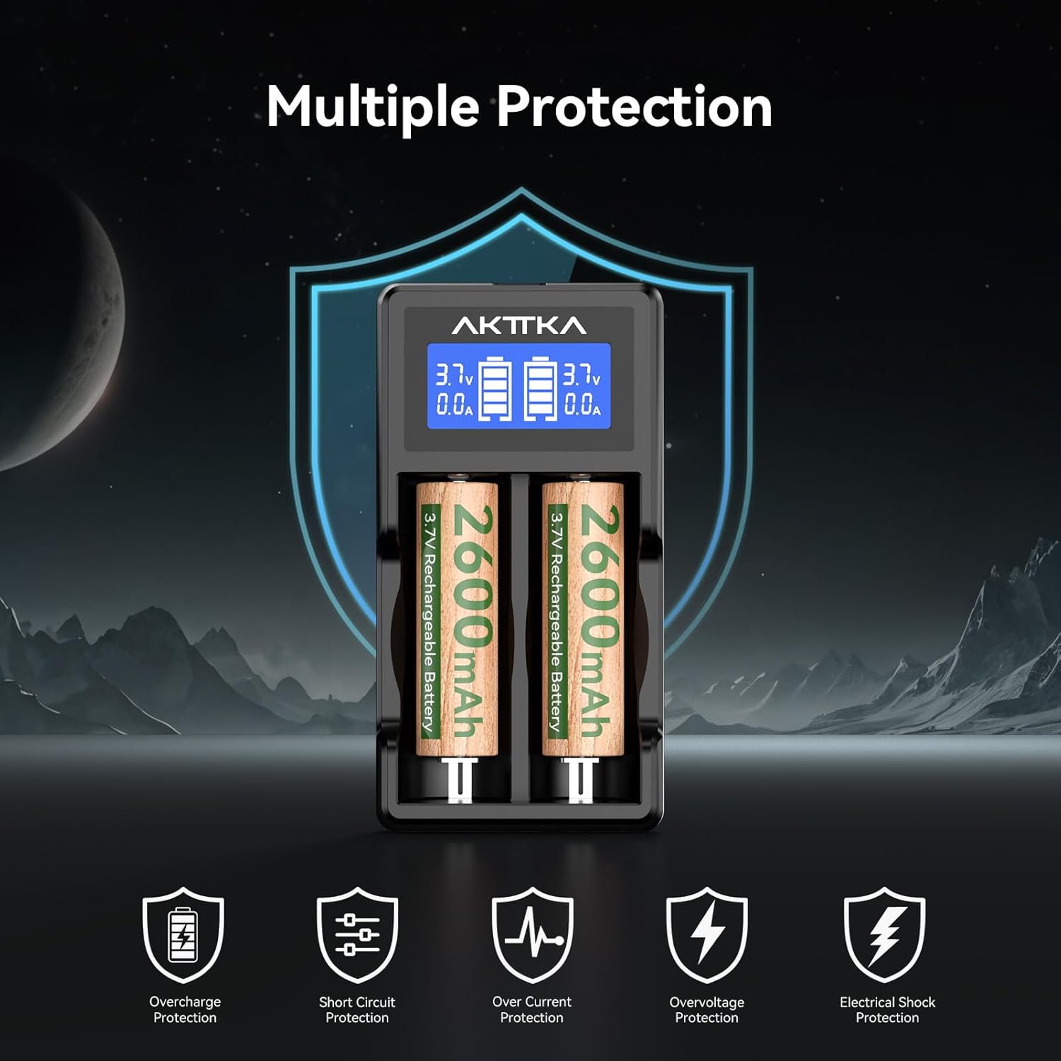 Thumbnail 6 de Set di 2 Batterie Li-ion 3,7V 2600mAh con Caricatore a 2 Slot e Display – per torce, lampade frontali e dispositivi a basso consumo