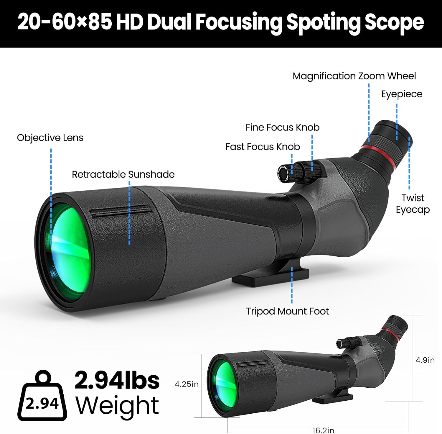 Thumbnail 2 de Gosky 20-60x85 Spotting Scope with Full Size Tripod, Phone Adapter, and Carrying Bag