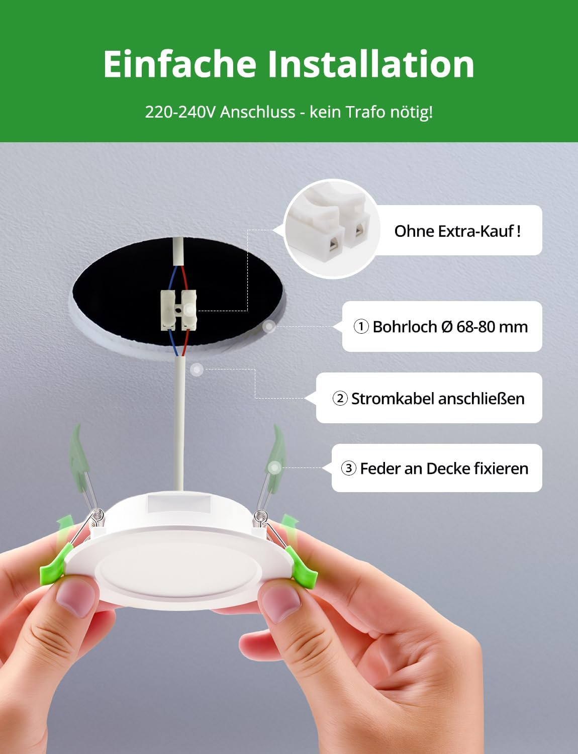 Thumbnail 6 de HOMEOW Einbaustrahler LED 230V Flach 68 mm (5 W, 400 lm, IP44) Kaltweiß 6000 K – 10er-Set für Bad & Küche