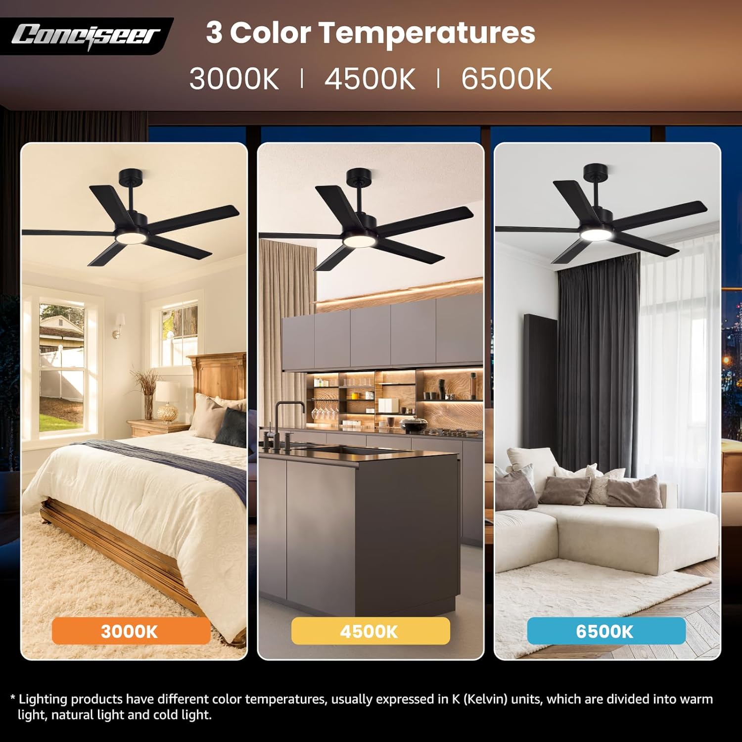 Thumbnail 4 de Conciseer 52-Inch Modern Ceiling Fan with Lights, Remote, 5 Blades, 6-Speed Reversible DC Motor (Black)