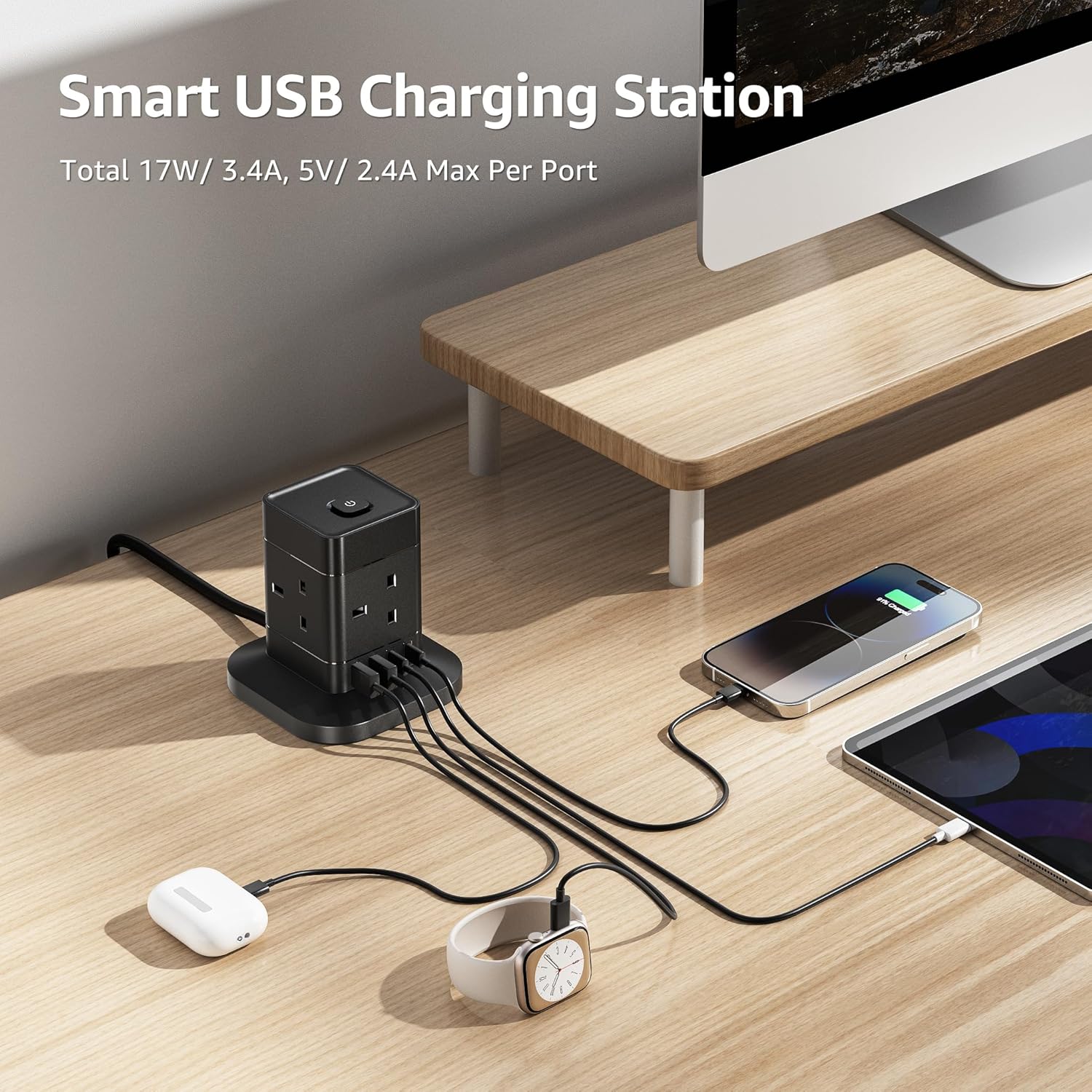 Thumbnail 3 de 3M Cube Extension Lead with USB C – 4-way plug extension with 4 USB ports (2 USB A & 2 USB C)