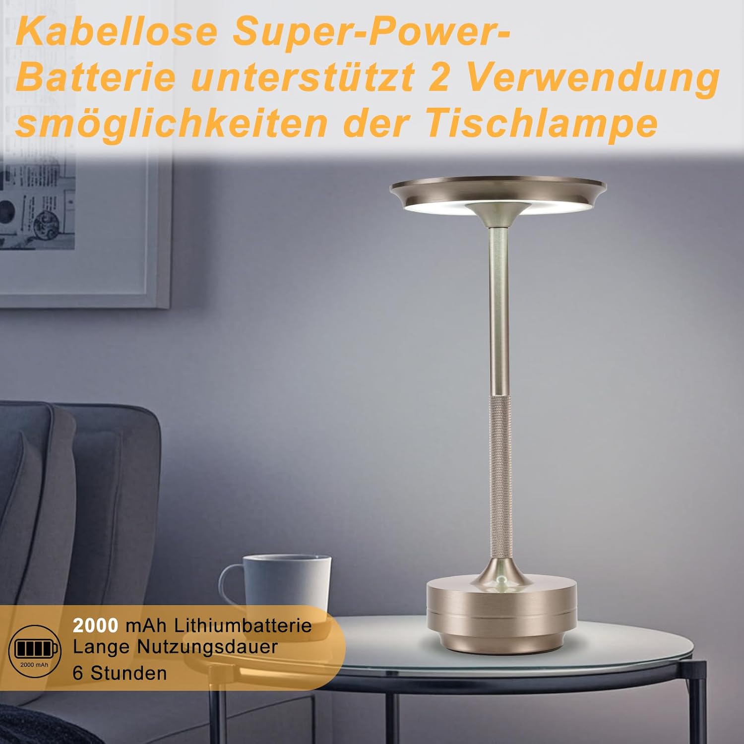 Detalle de meoaow trådlös LED-bordslampa med touch, dimning och USB-C, nickel