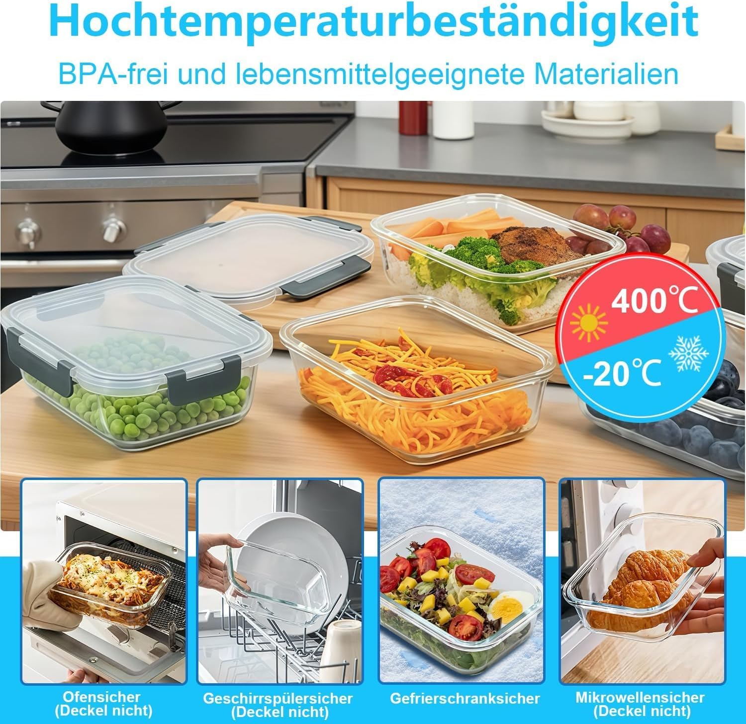 Thumbnail 1 de KUMD Vorratsdosen aus Borosilikatglas im 5er-Set (10-teilig) mit Deckeln, 1.040 ml – für Mikrowelle, Ofen & Meal Prep