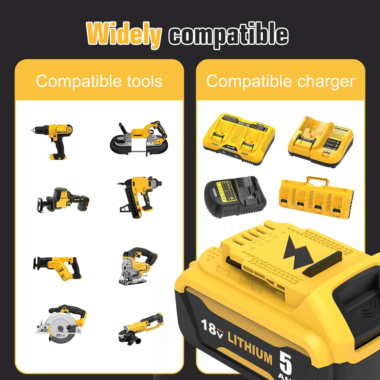 Detalle 2 de Pack 2 batteries Li-ion 18V 5,0Ah Goodexo pour outils Dewalt (remplacement DCB182 / DCB180 / DCB184)