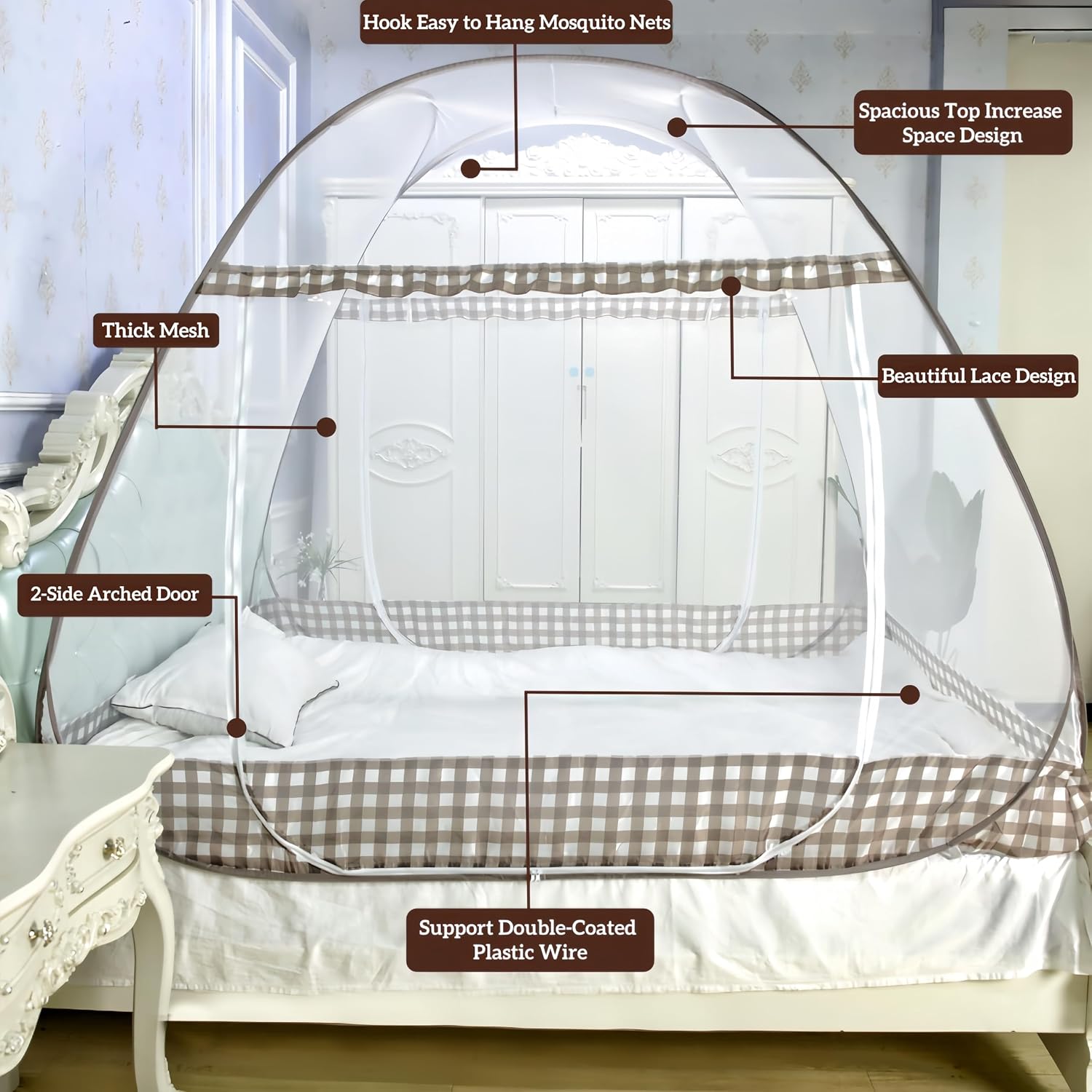 Detalle 2 de Digead 1 klamboe voor bed, koepelmodel van 150 x 200 cm, opvouwbaar
