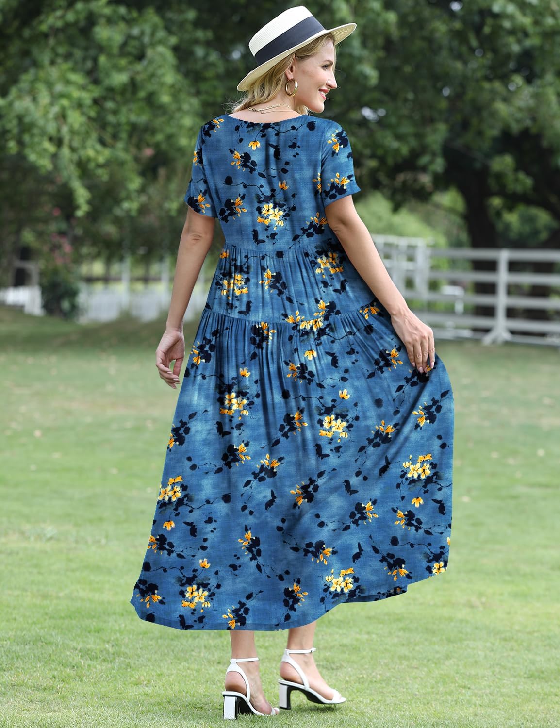 Detalle de YESNO Damen Sommer-Maxikleid aus Baumwolle mit Blumendruck und verstellbaren Trägern