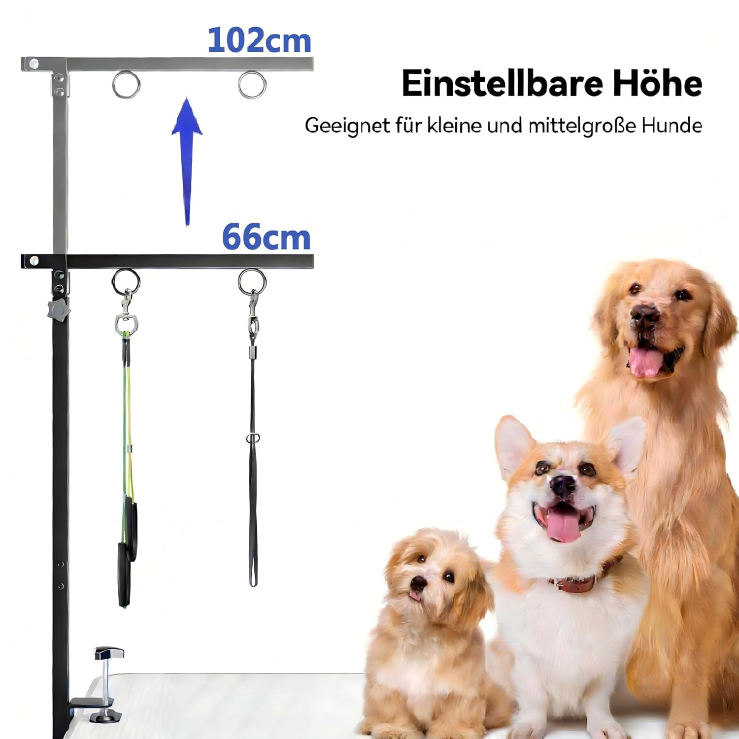 Detalle de Faltbarer Hundepflegetisch-Arm mit Tischklemme – Höhenverstellbar 66–102 cm, inkl. Hängematte & Anti-Sitz-Schlaufe