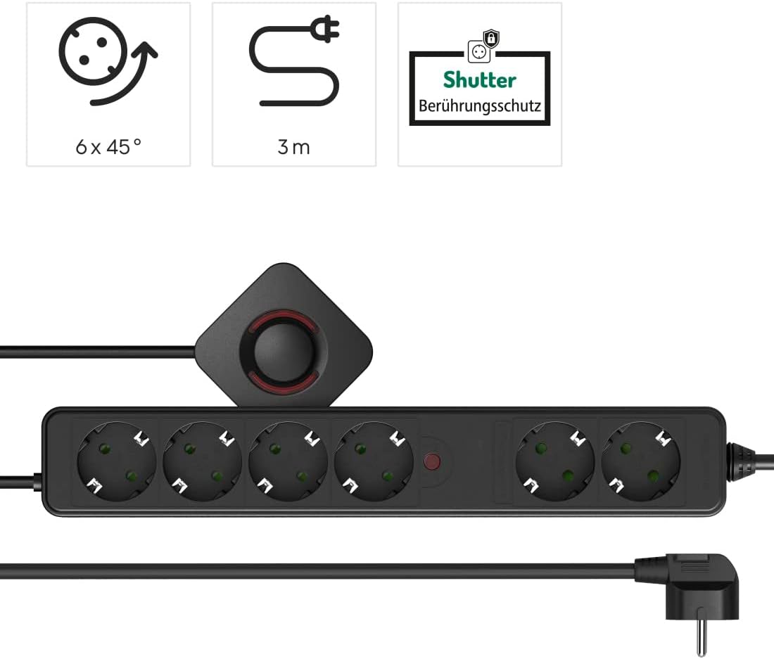 Thumbnail 1 de Hama multiprise 6 prises avec interrupteur au pied, câble 2x1,5 m, sécurité enfant – Noir