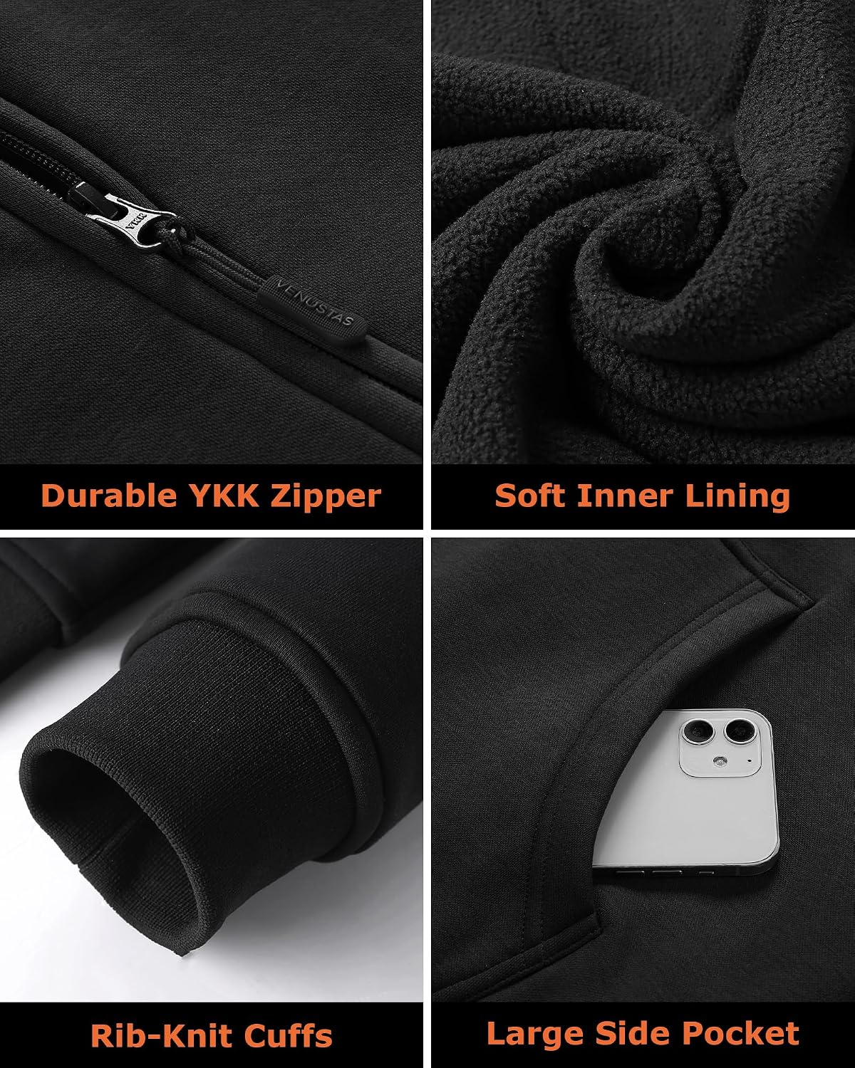 Detalle 2 de Venustas Venustas-6000 Unisex Heated Hoodie, Full-Zip, 5 Heating Zones