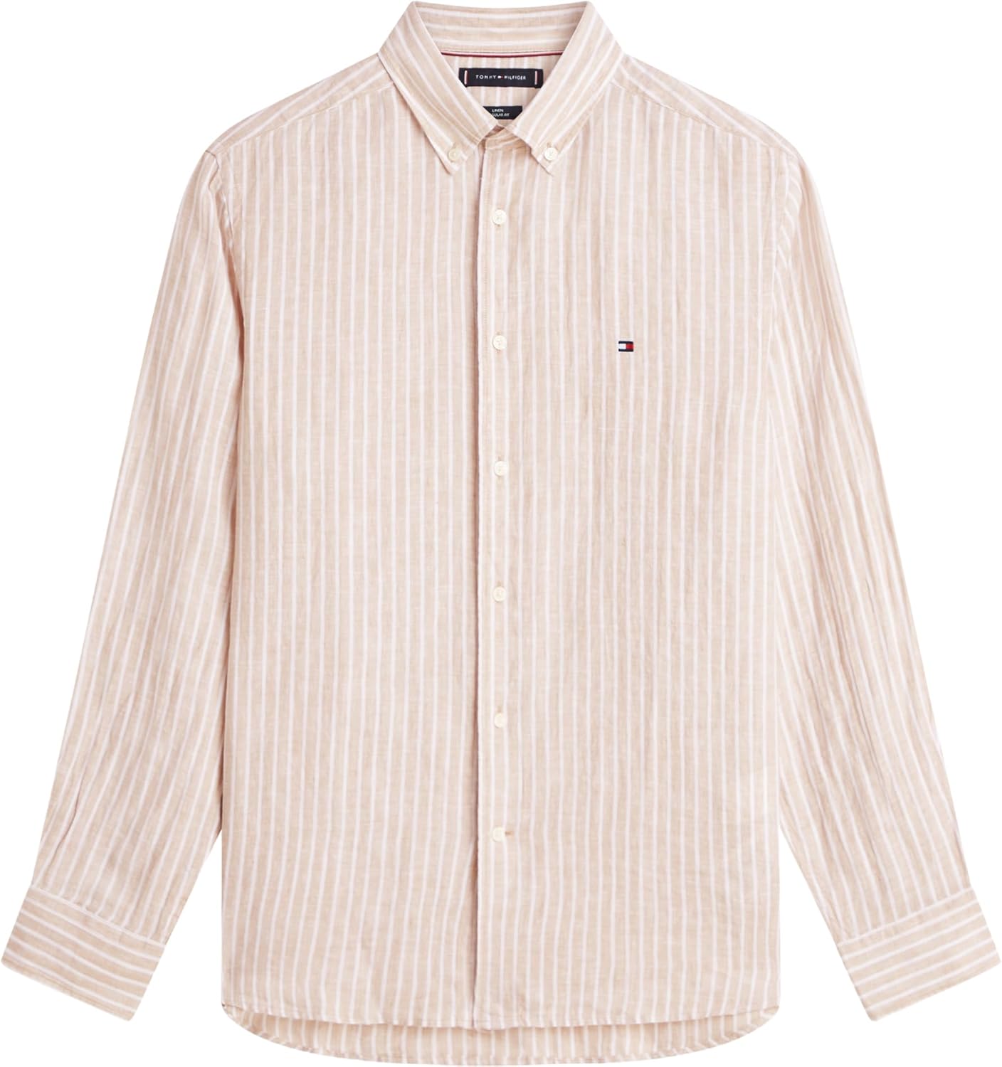 Detalle de Tommy Hilfiger Linen Bengal Stripe RF Shirt MW0MW42400 camicia uomo a righe in lino