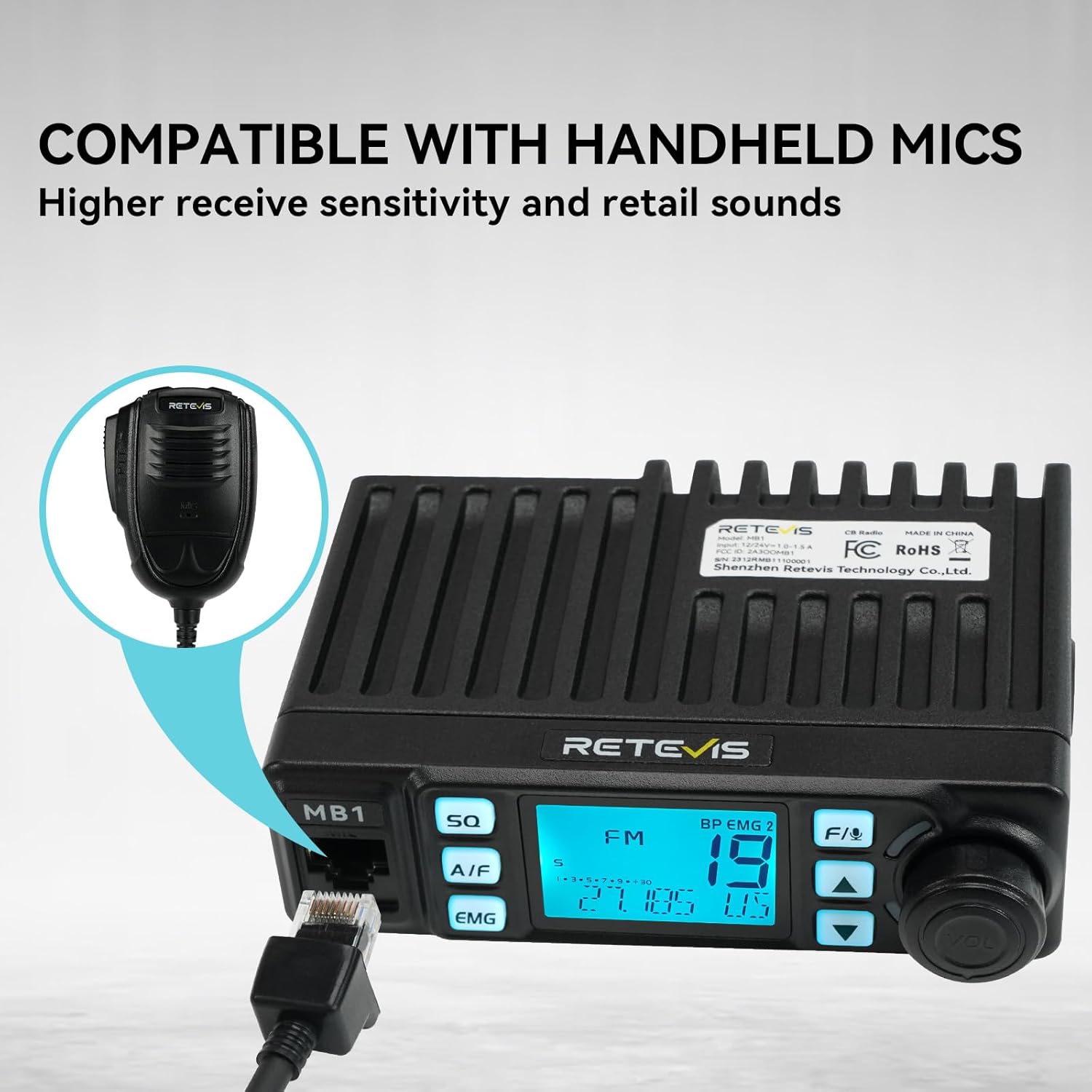 Detalle 2 de Retevis MB1 40-Channel CB Radio Kit with Noise Cancellation, 7-Color Screen, and Antenna