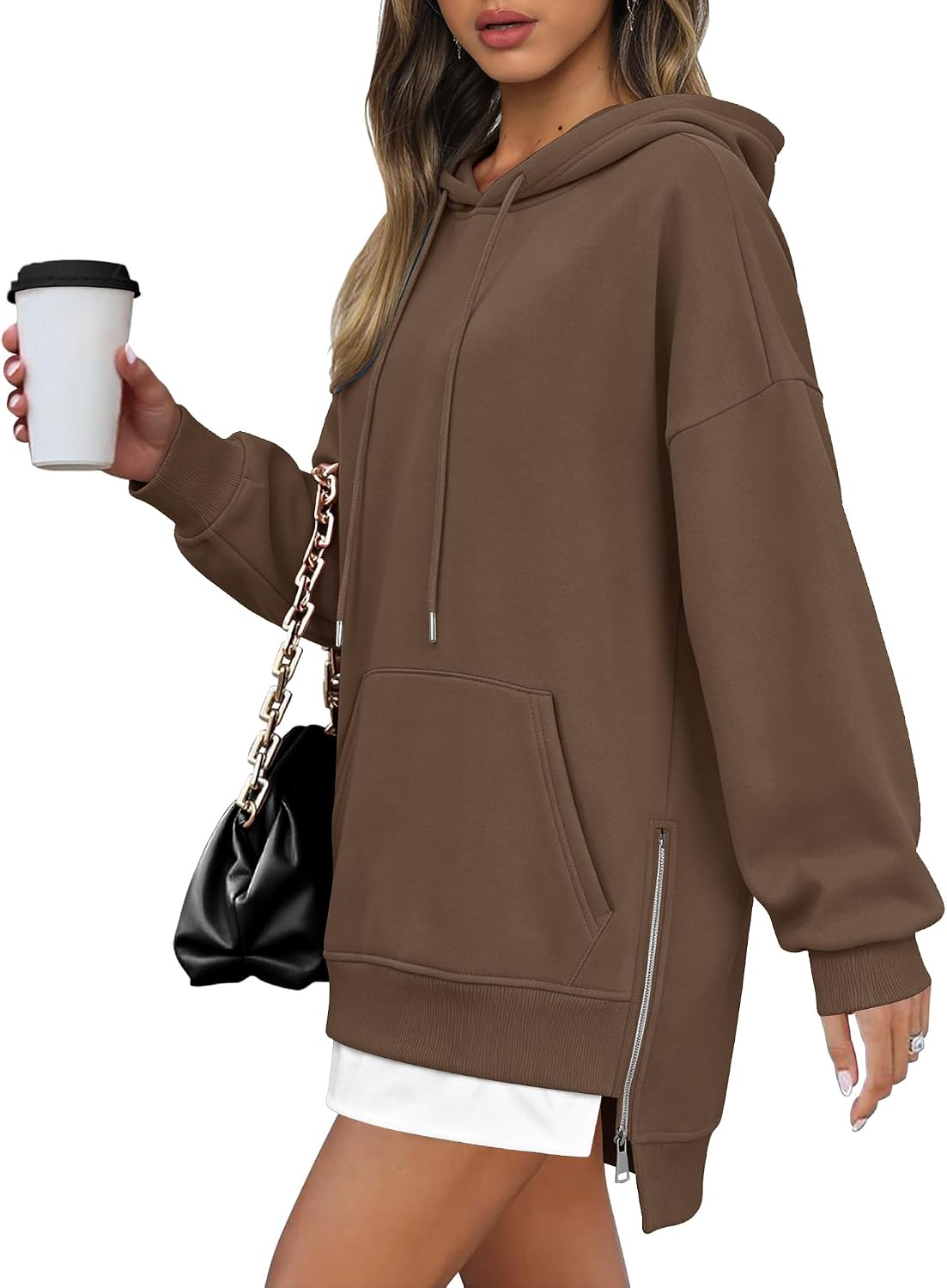 Detalle de onlypuff Women's Oversized Sweatshirt Dress, Long Sleeves, Split Hem & Kangaroo Pocket