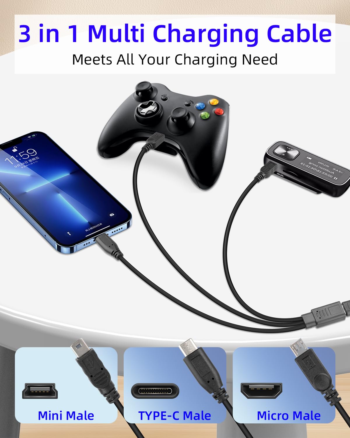 Thumbnail 2 de RIIEYOCA 3-in-1 USB C Female to Micro USB & 2 Type-C Male Charging Cable — 1FT (2 Pack)