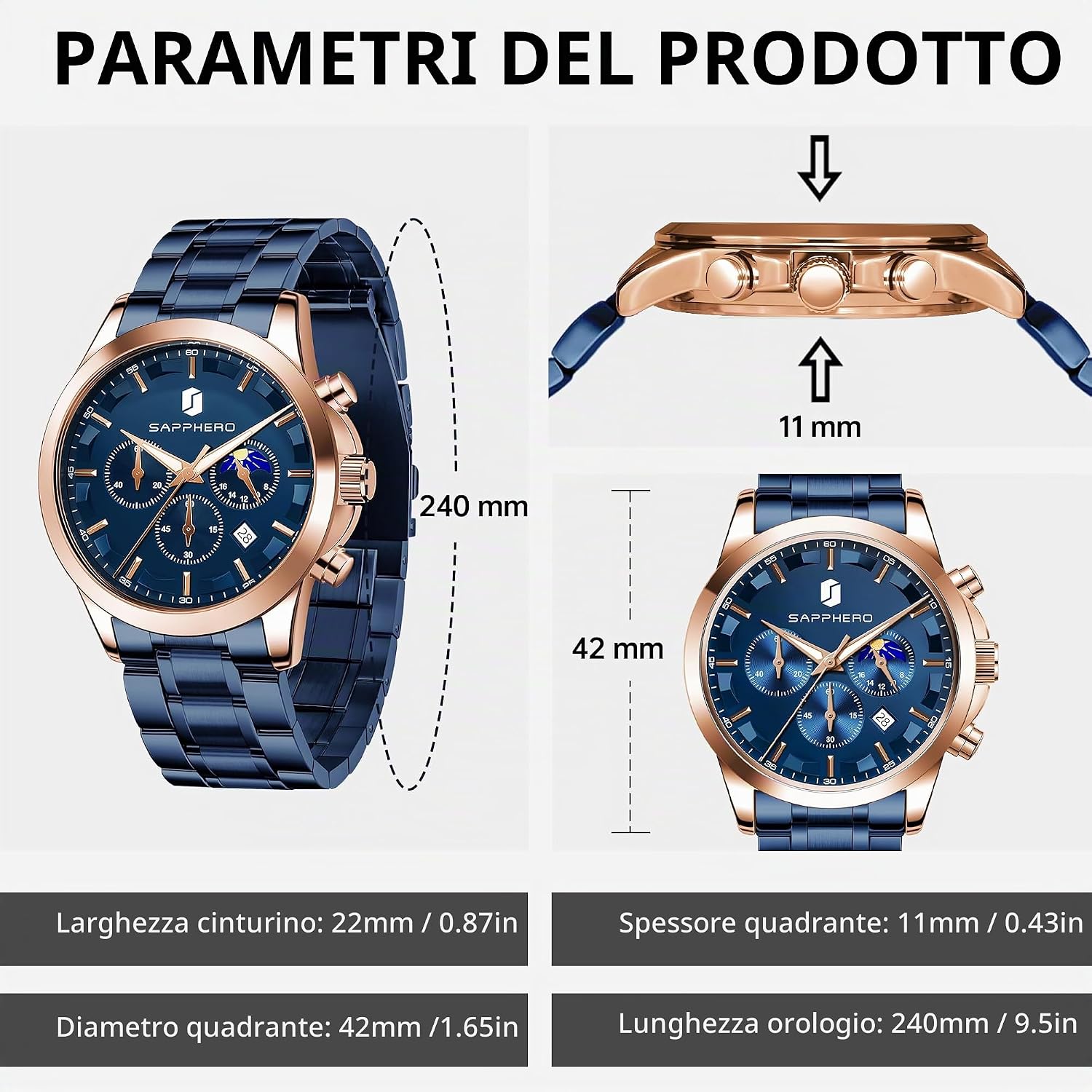 Thumbnail 3 de BENYAR BY Orologio da uomo al quarzo analogico in acciaio inox con cinturino marrone e cronografo – stile raffinato per ogni occasione