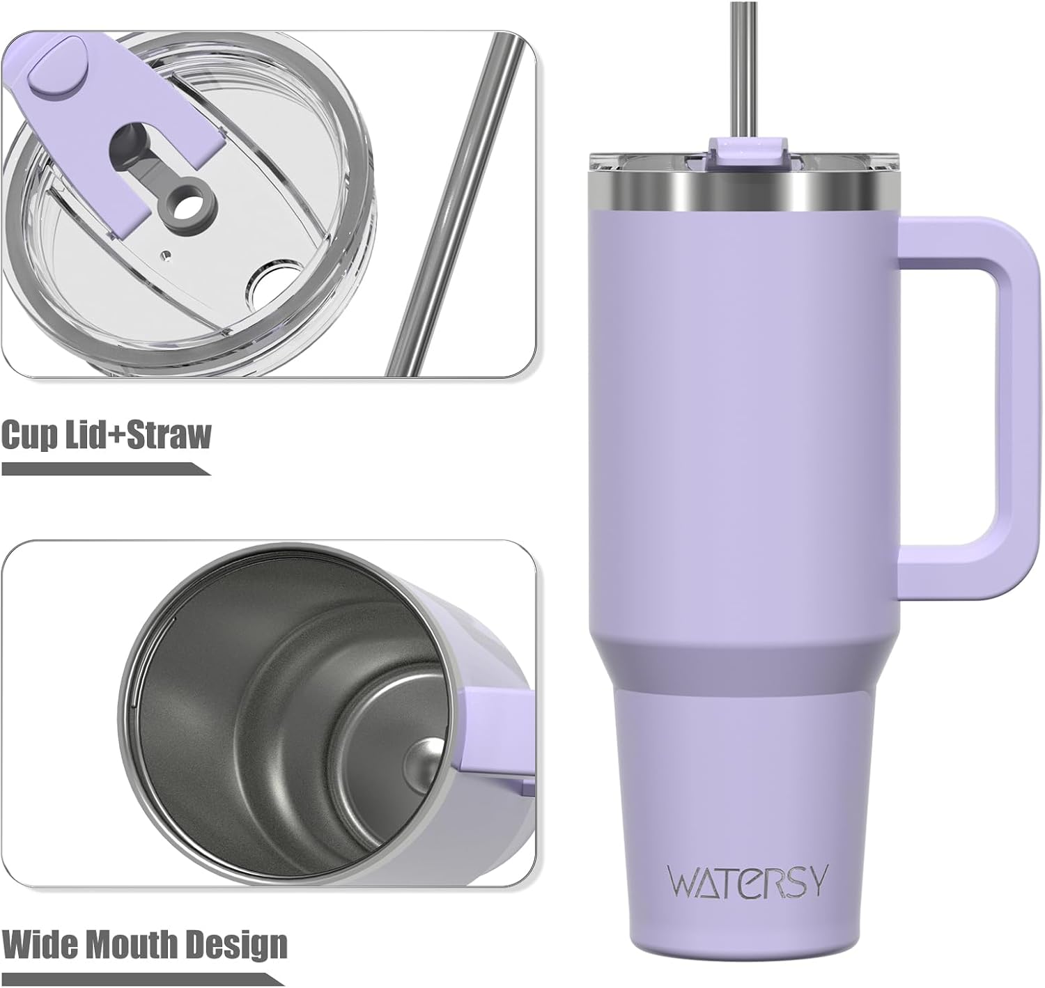 Detalle 2 de WATERSY Travel Mug Coffee Cup 40oz Tumbler with Straw Lid and Handle – 1182ml Stainless Steel, Purple