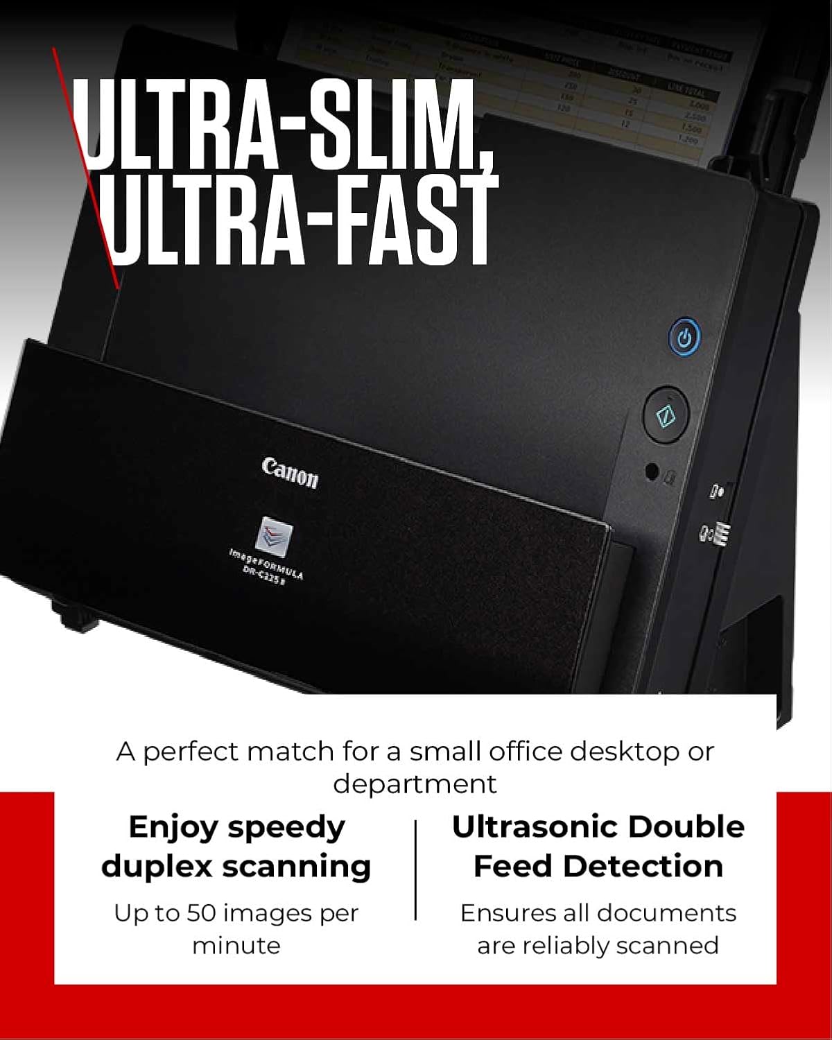 Detalle de Canon DR-C225 II imageFORMULA Dokumentenscanner – Duplex, 50 Blatt ADF, USB, 600 dpi, kompakt