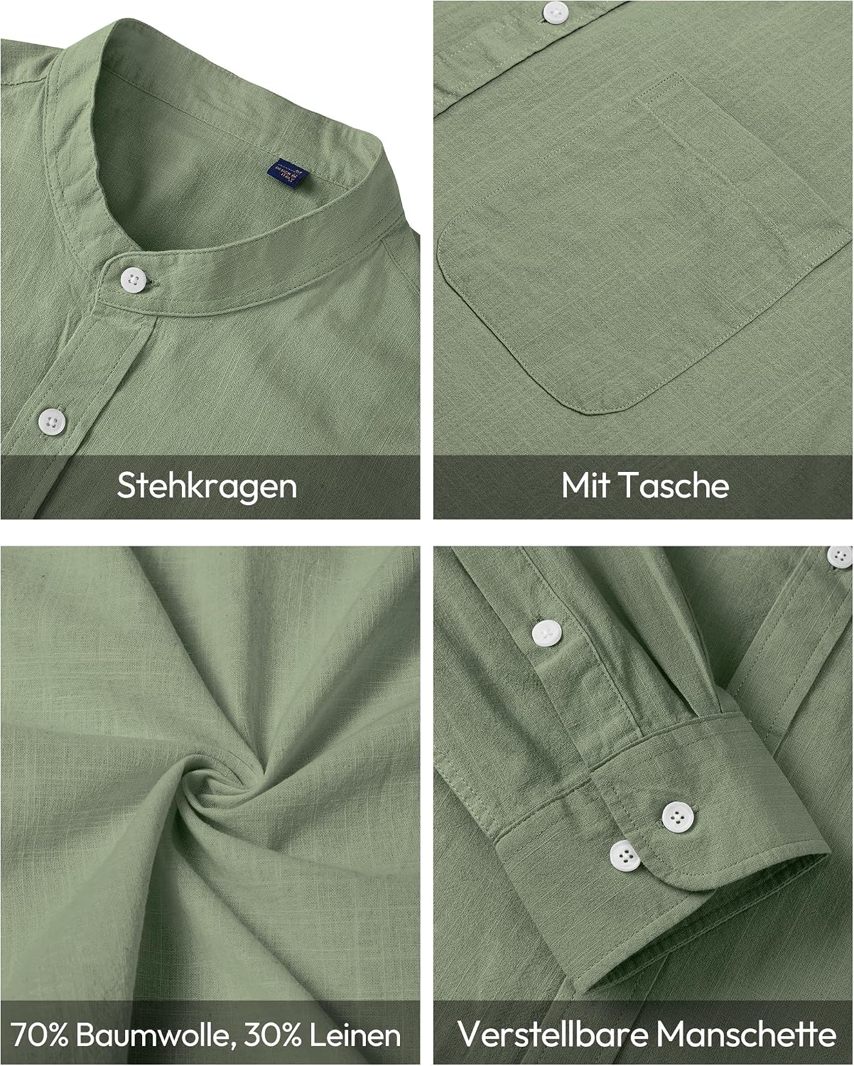 Detalle de siliteelon Leinenhemd Herren – Langarm, Stehkragen, Regular Fit