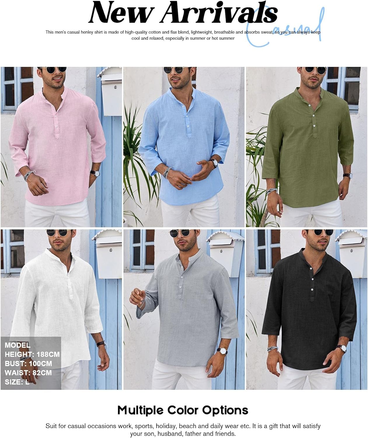 Detalle 2 de Ryannology Men's Linen Shirt – Casual Cotton 3/4 Sleeve Henley, Regular-Fit