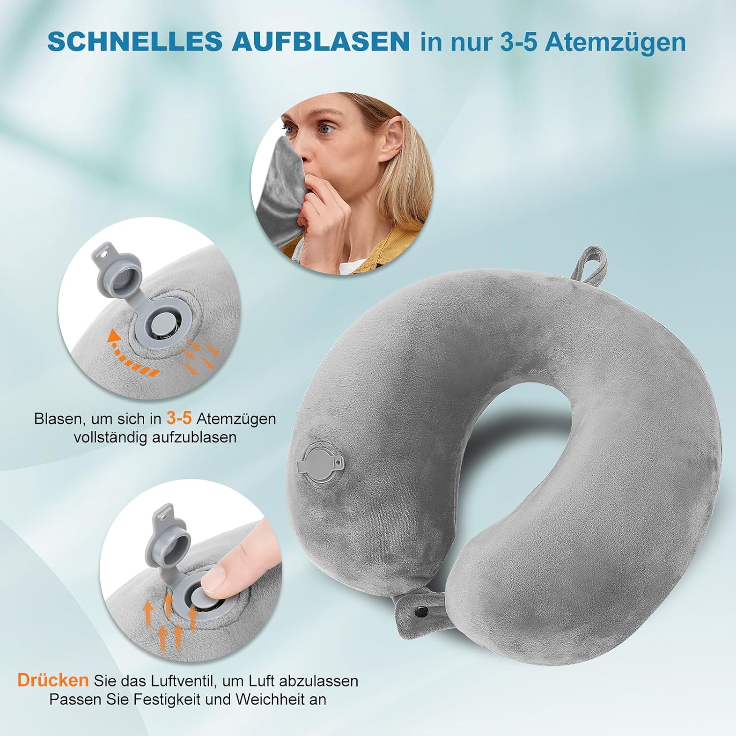 Thumbnail 1 de Cirorld aufblasbares Nackenkissen fürs Flugzeug mit Augenmaske und Ohrstöpseln (U-Form, Grau)