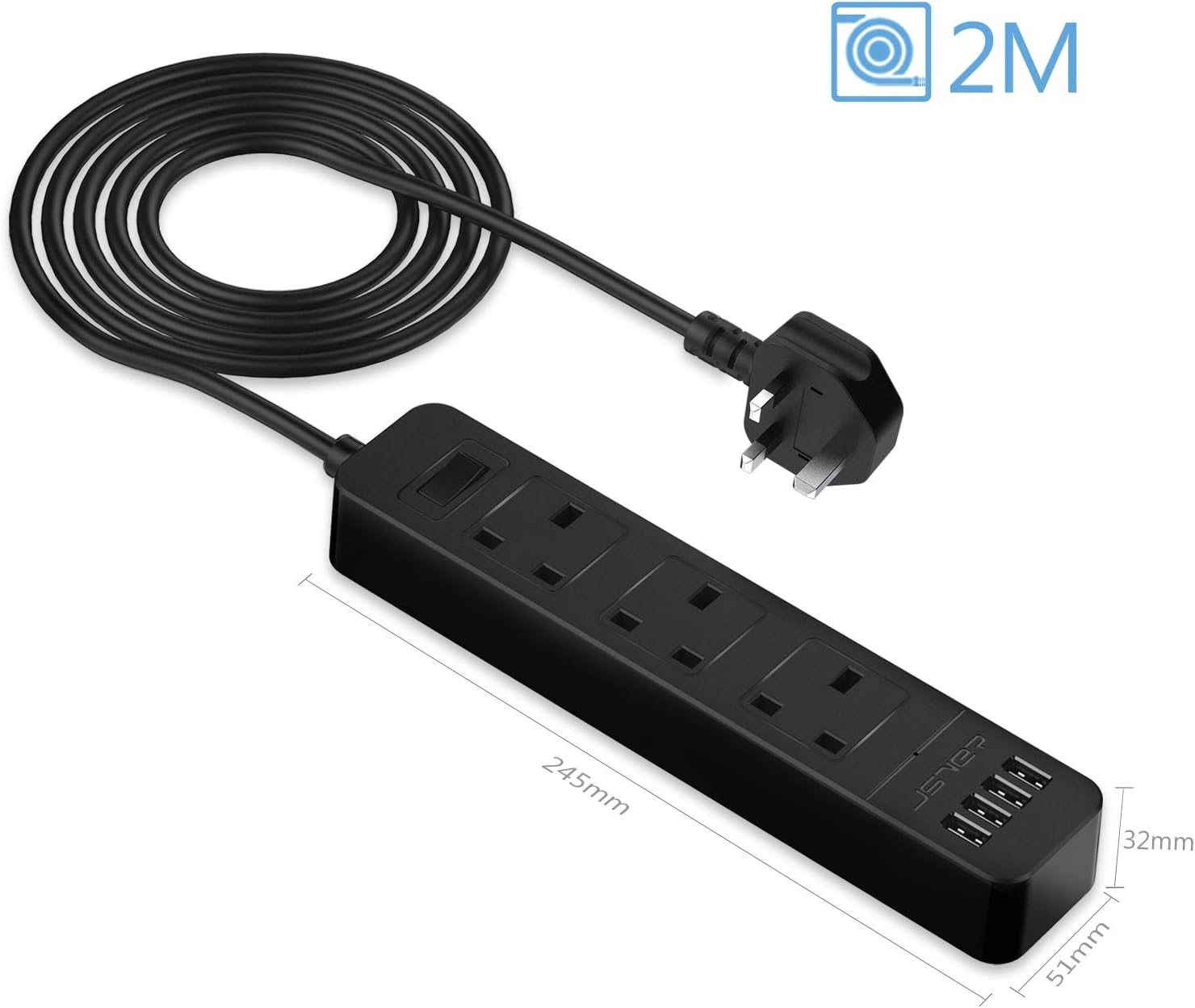 Detalle de JSVER extension lead with 4 USB ports and 3 AC outlets, 200cm cable (smart charging station) — black