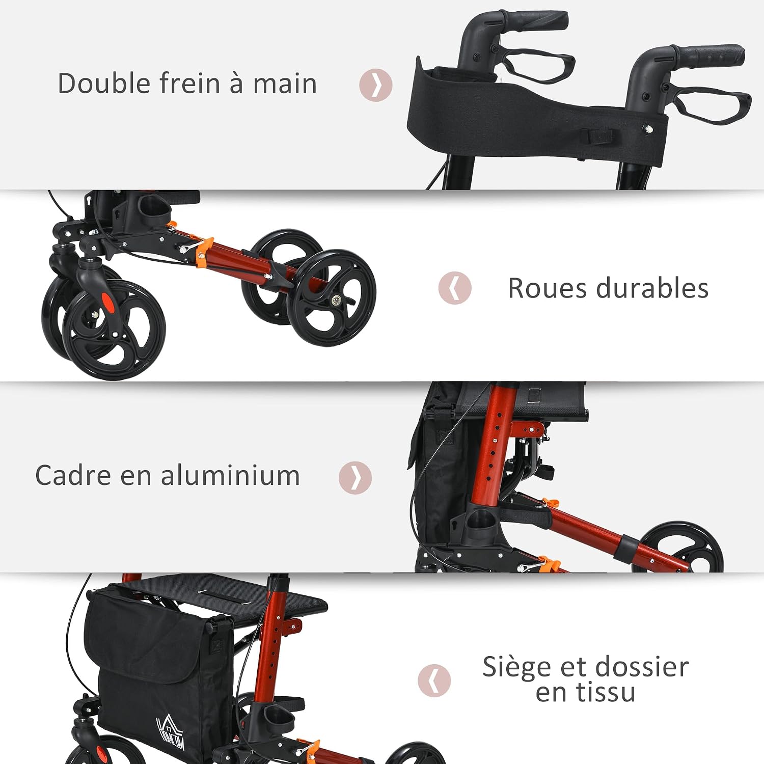Detalle de HOMCOM 712-055V00RD rollator met zitje, 4 wielen en dubbele remmen