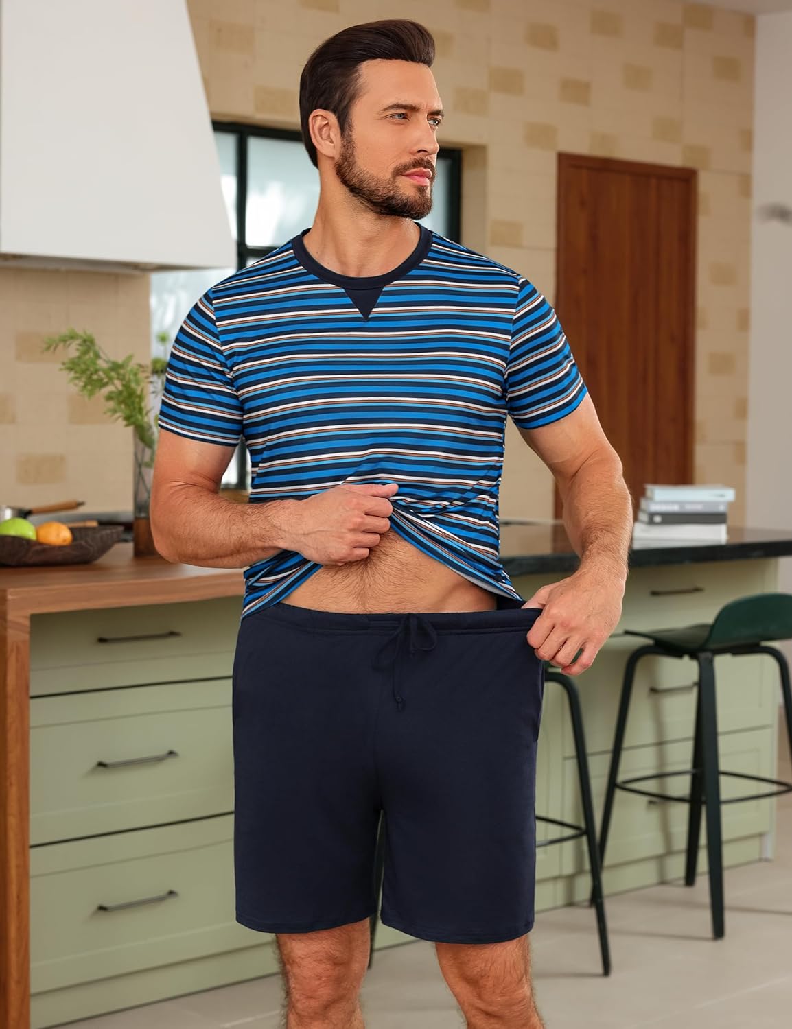 Detalle de Leversic Pyjama Homme Été — Ensemble 2 pièces en coton doux, style rayé et confort léger