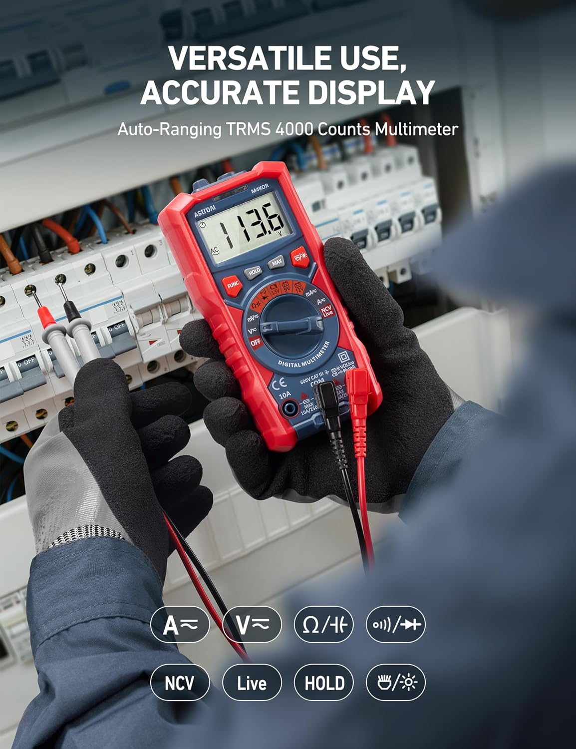 Detalle de AstroAI Digital Multimeter: TRMS Auto-Range mit NCV, LCD-Hintergrundlicht und Taschenlampenfunktion