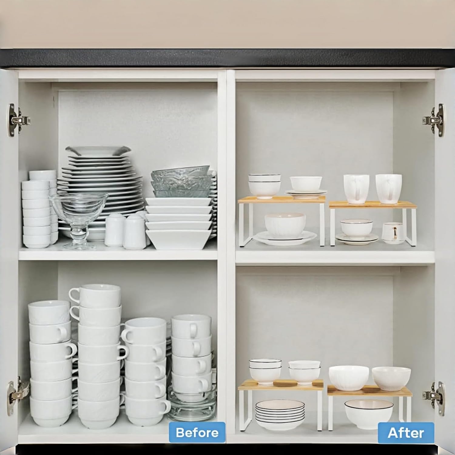 Detalle de NEX Bamboo Kitchen Cabinet & Counter Shelf Organizer (Set of 4) — Stackable, Expandable, White & Natural