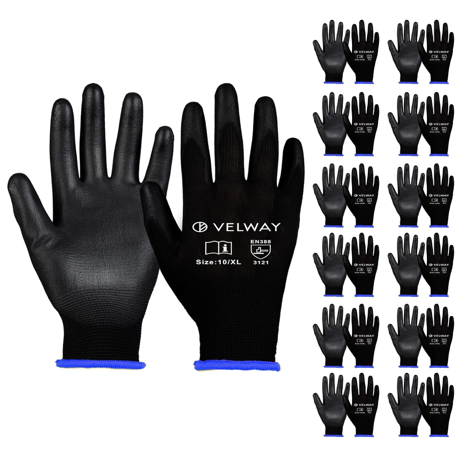 Detalle de Velway 12 Pairs Safety Work Gloves – Firm Grip PU Coated, EN388, Size XL (10/XL)