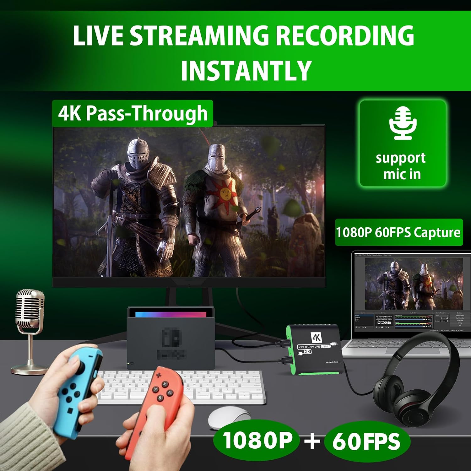 Detalle 2 de SUDTREEV HDMI Capture Card for Nintendo Switch 2 — 1080p60, USB 3.0, 4K Pass-Through