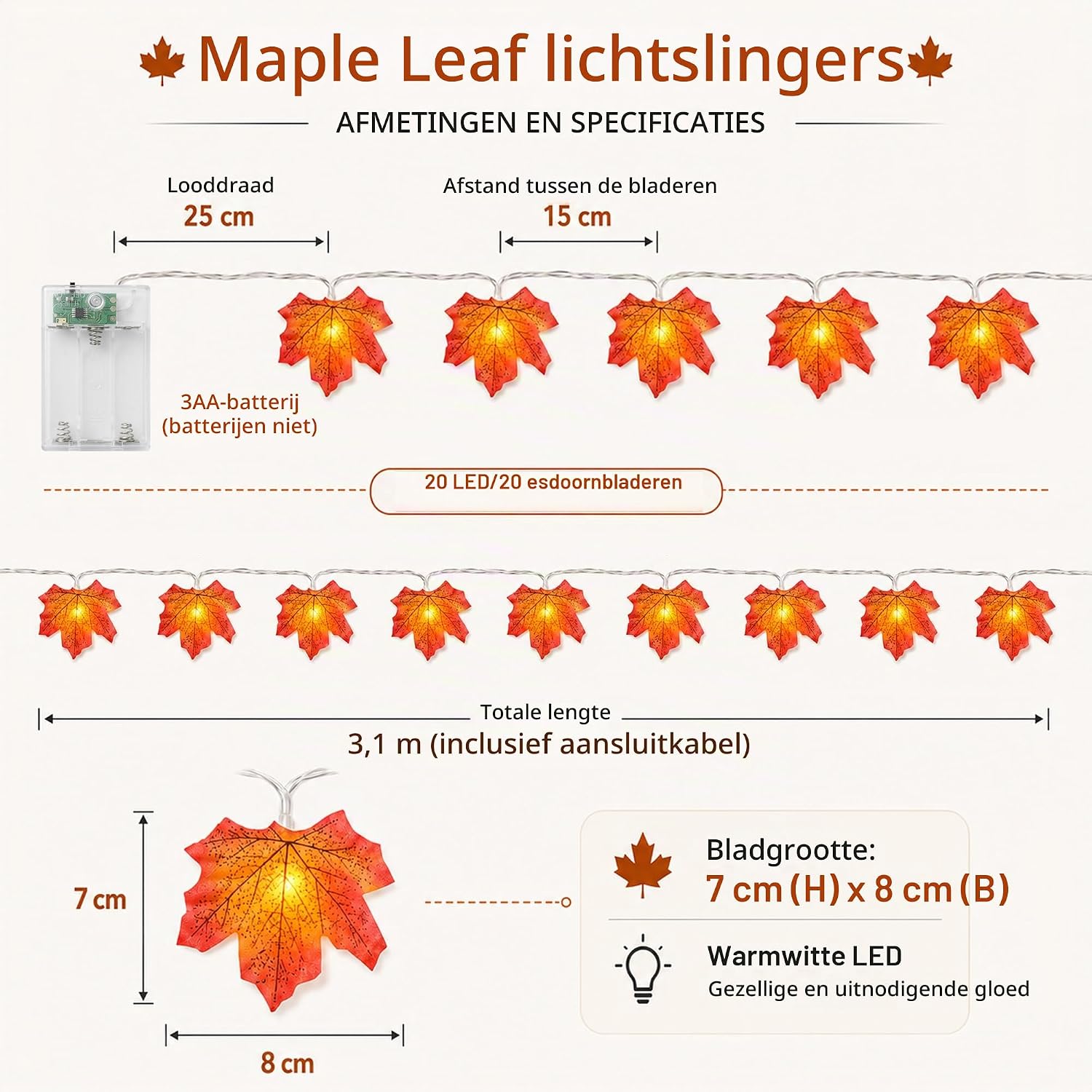 Thumbnail 1 de AGOTD WG-SLP-20L esdoornbladlichtslinger, 3 m, 20 warmwitte leds met timer