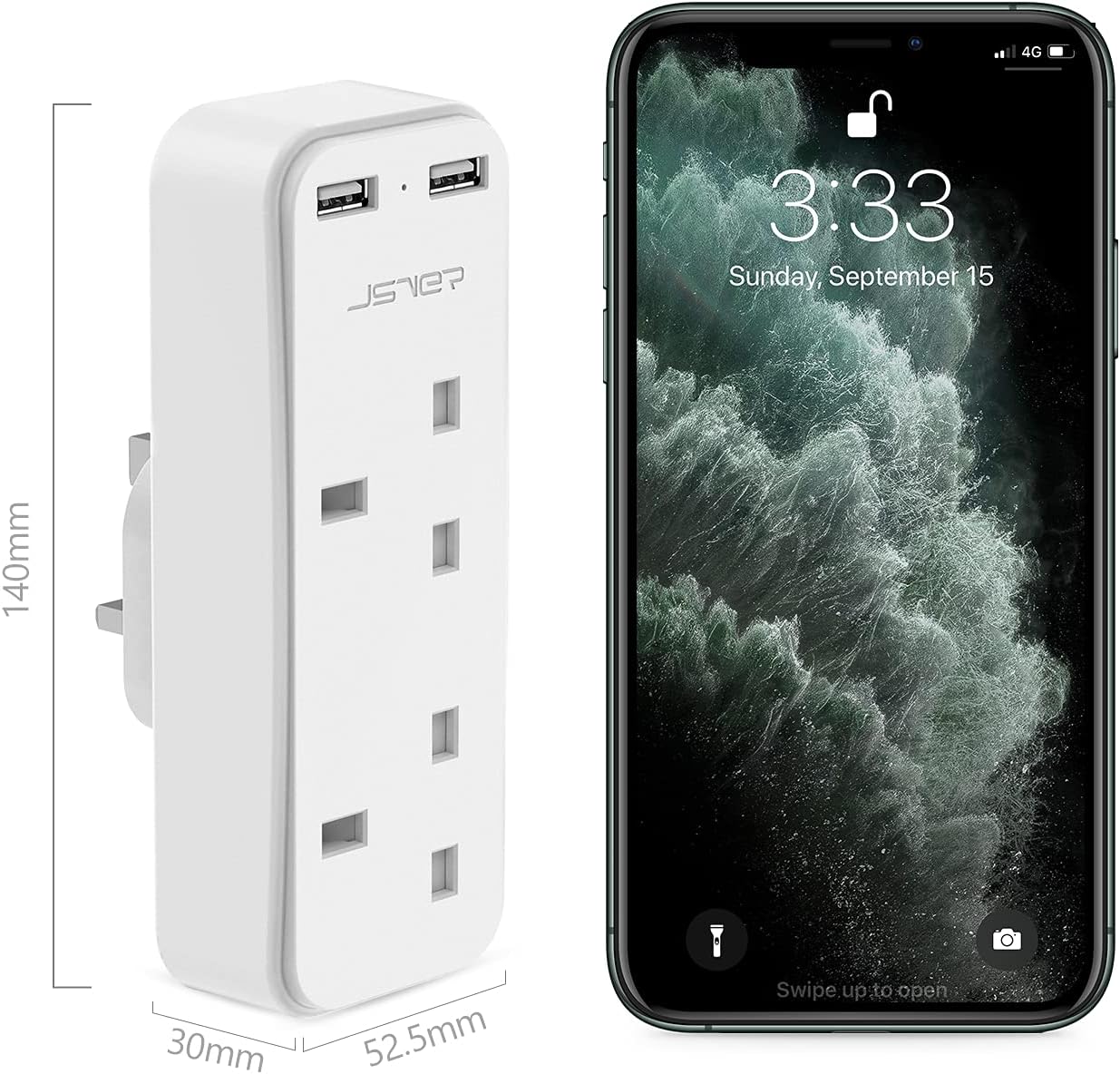 Detalle 2 de JSVER Mini Double Plug Adaptor with 2 USB 2.4A